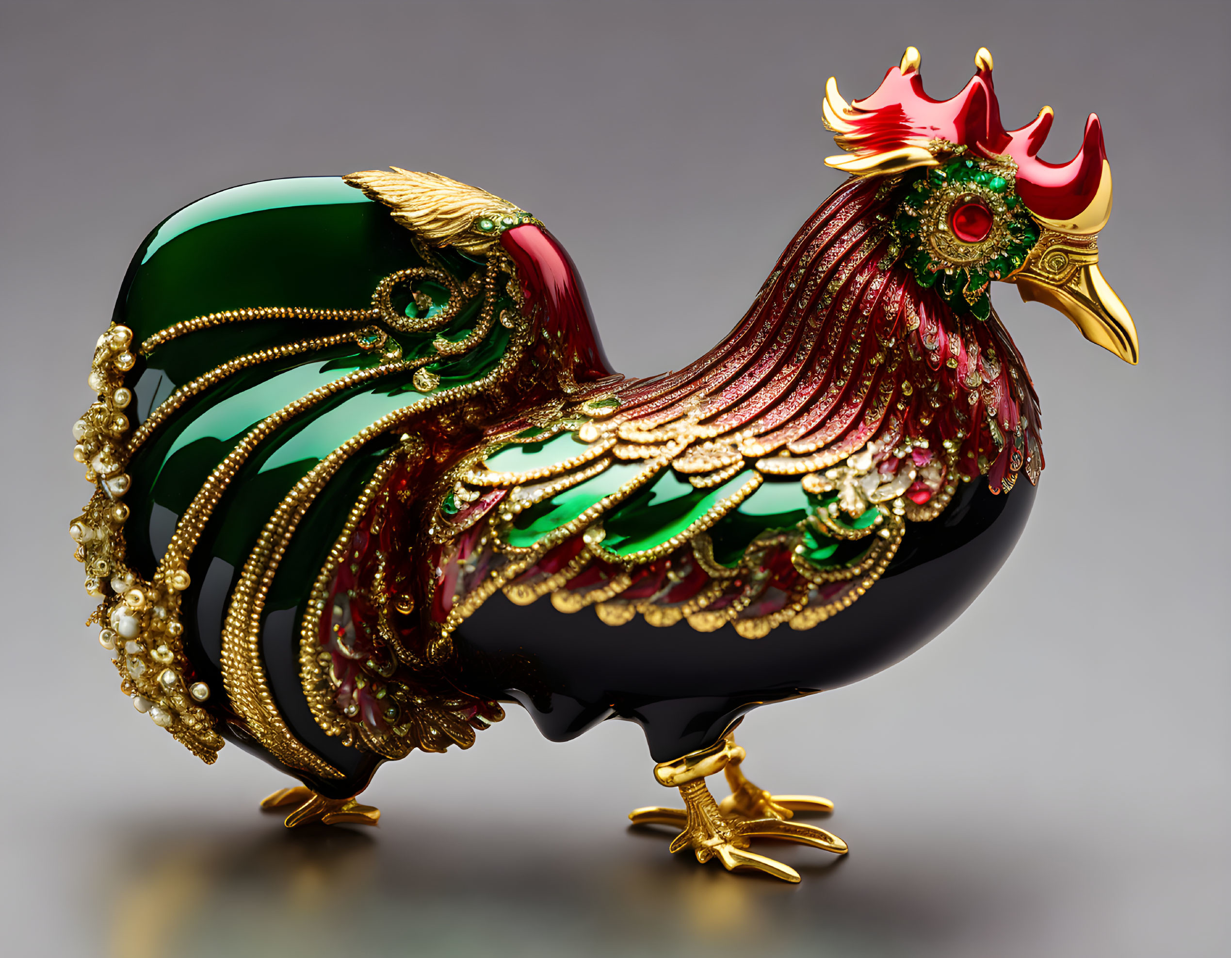 Emerald Green Rooster Figurine with Gold and Red Accents