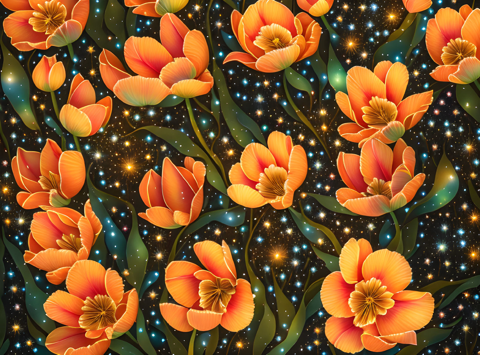 Colorful cosmic background with orange tulips and green leaves.