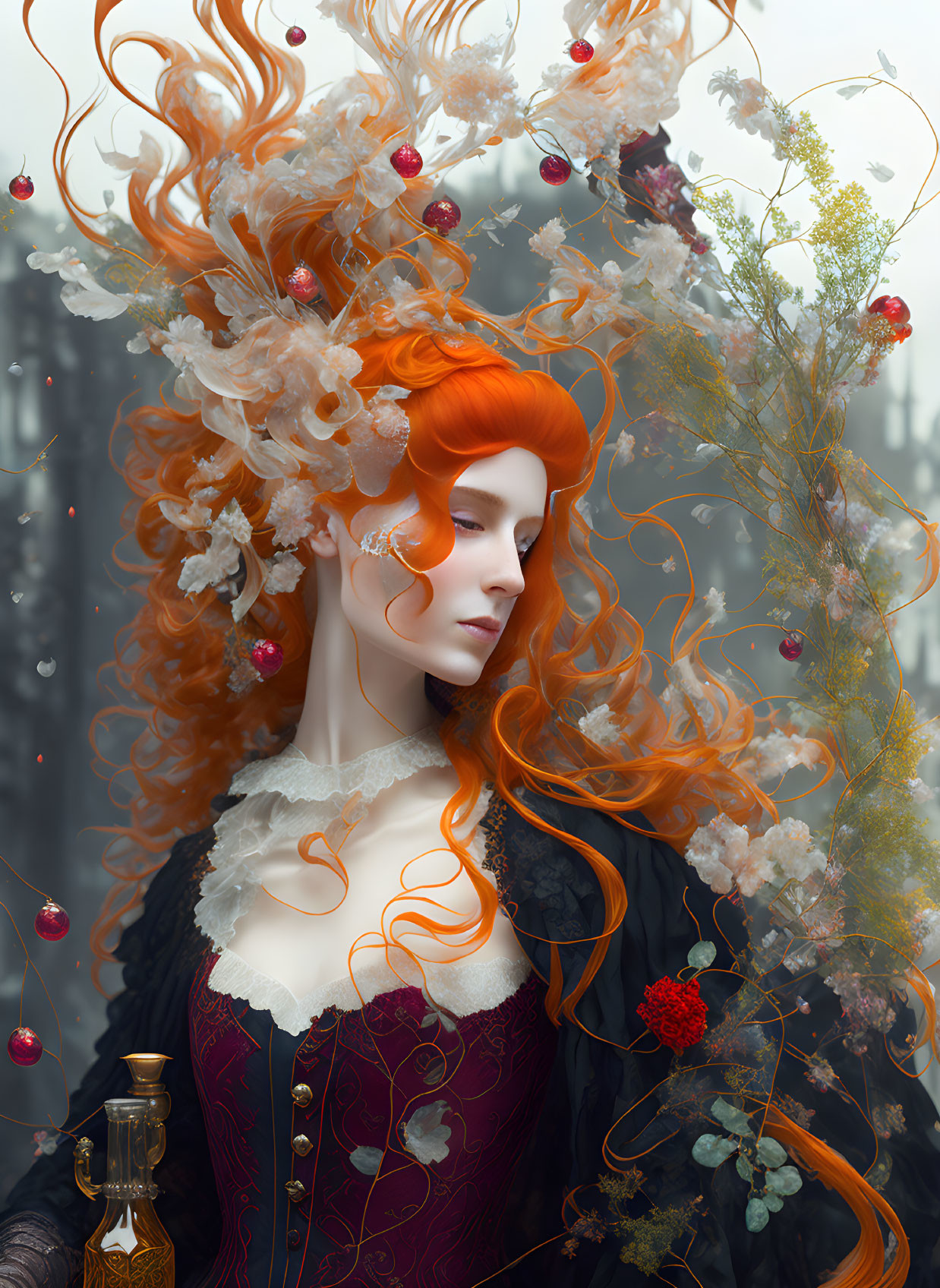 Vibrant orange hair with floral and red bauble adornments on elegant woman.