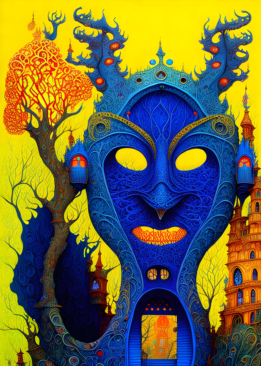 Colorful artwork: blue creature with tree-like antlers on yellow background with castle and foliage.