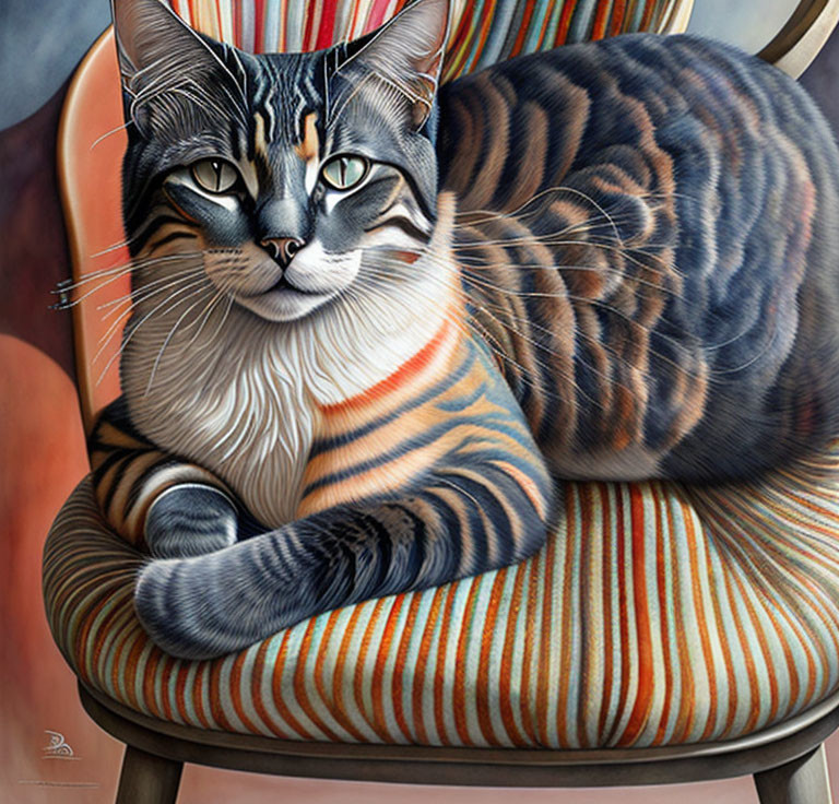 Realistic painting of striped cat on colorful chair with calm gaze