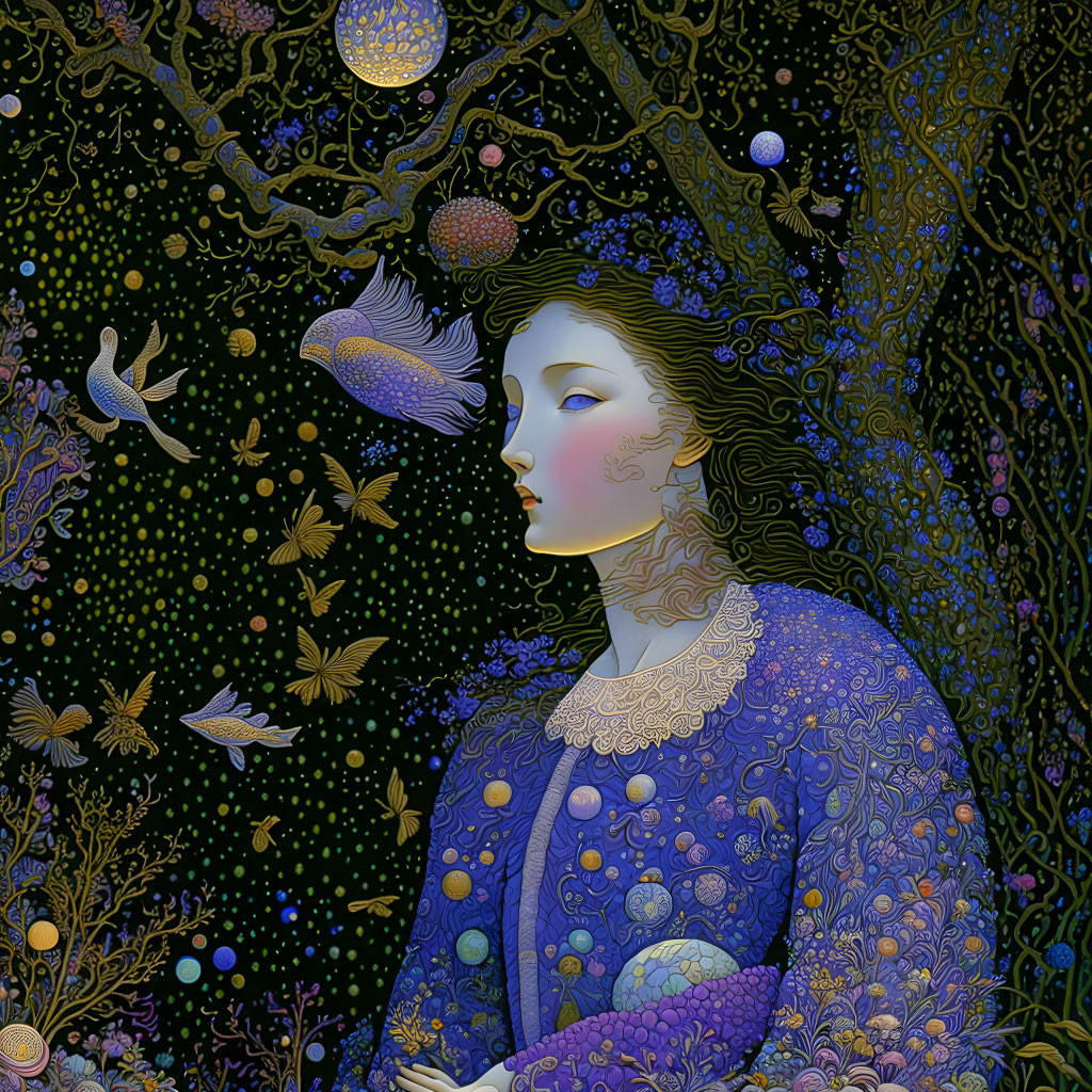 Fantastical nocturnal illustration of a woman in glowing scenery