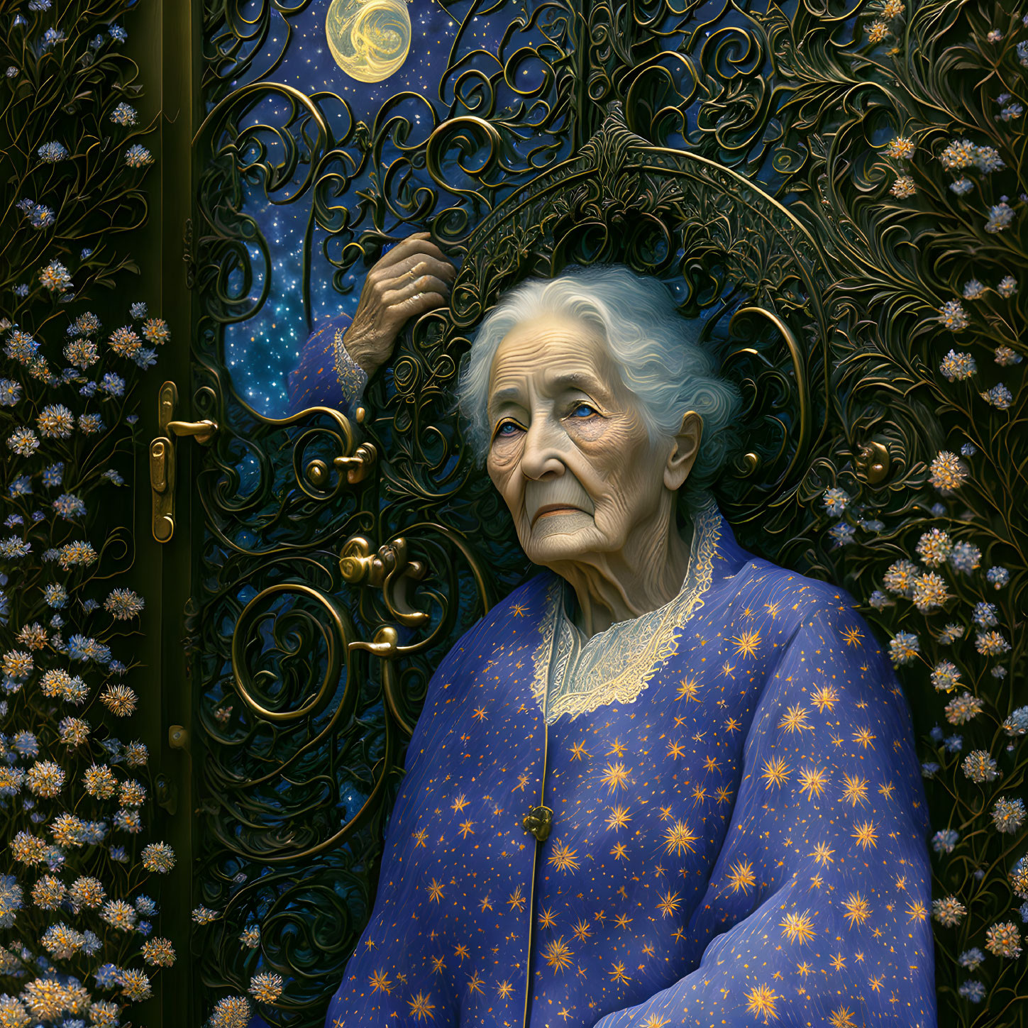 Elderly woman in star-patterned blue robe by ornate cosmic door