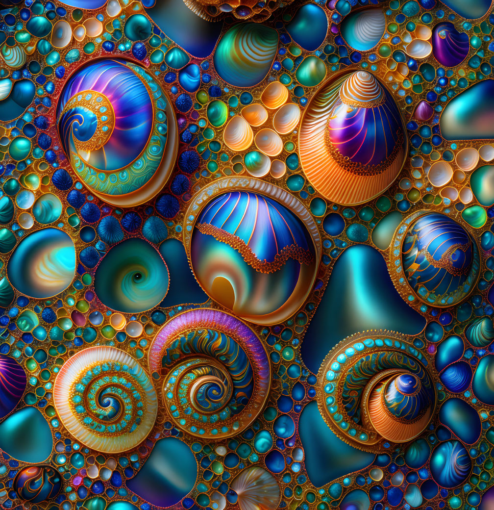 Abstract digital art: intricate spirals and orbs in blue, orange, and gold.