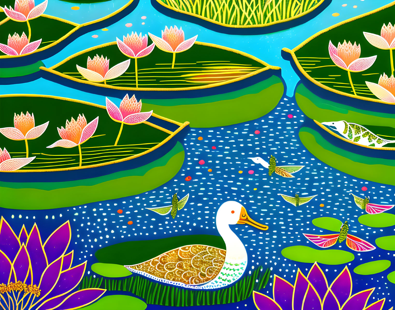 Tranquil pond scene with ducks, lotus flowers, fish, and canoes.