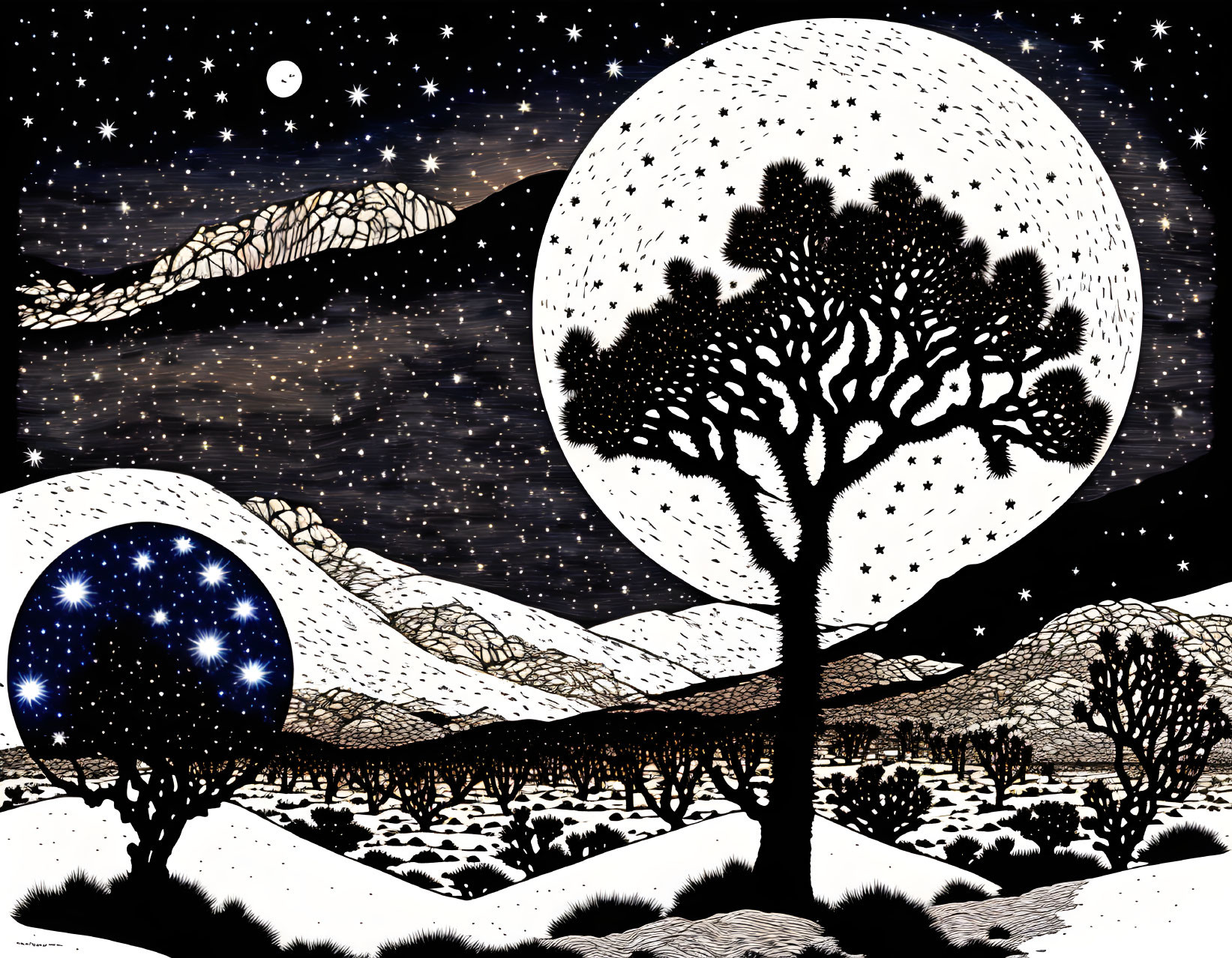 Monochrome surreal night landscape with stars, trees, and whimsical mountains