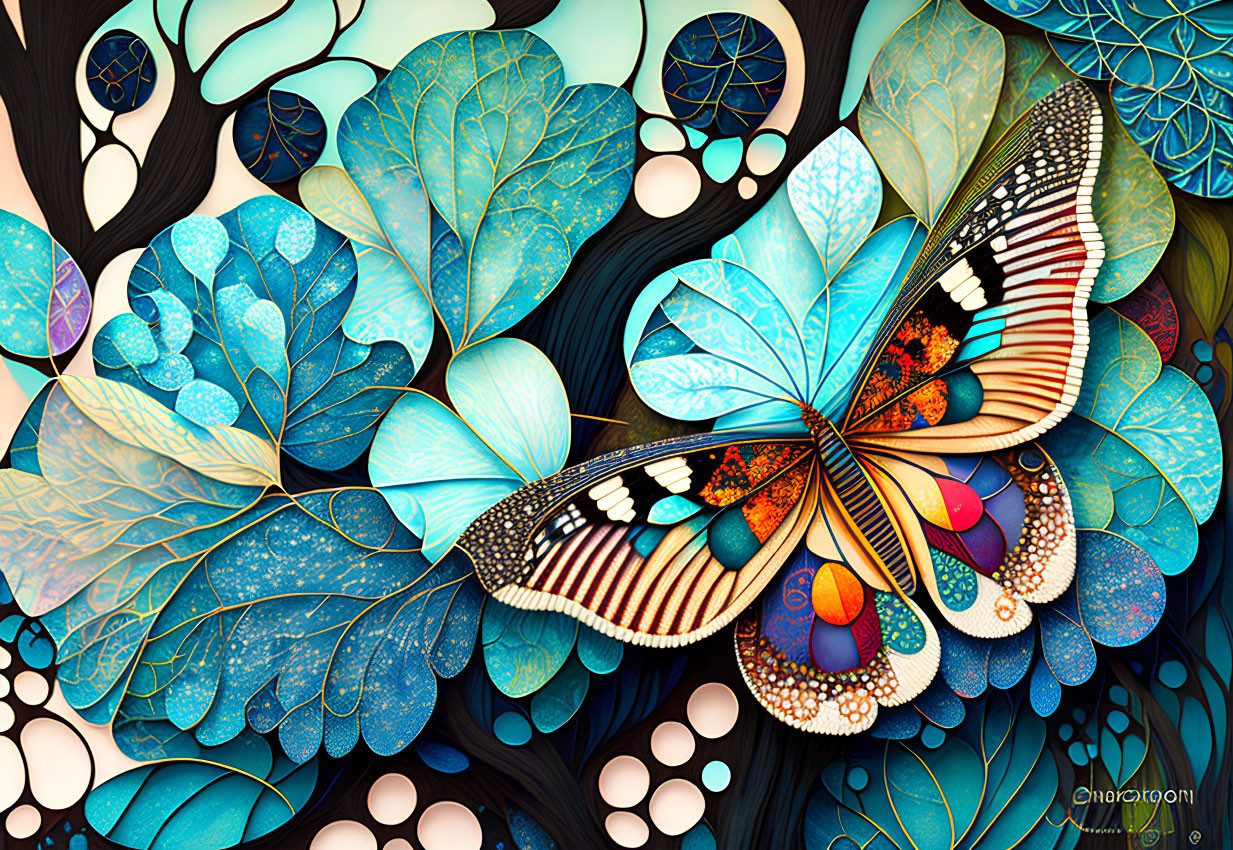 Colorful Butterfly Illustration with Patterned Wings and Blue Foliage