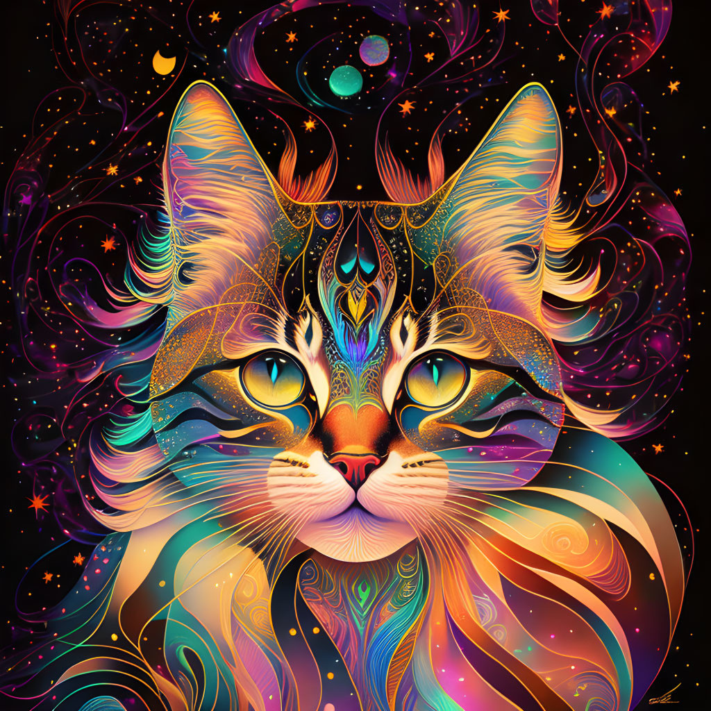 Colorful mystical cat illustration with cosmic elements on dark background