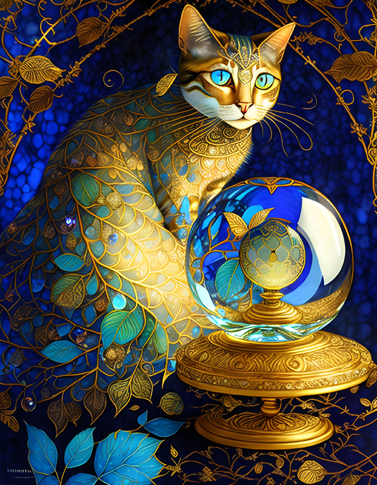 Intricately Patterned Golden Cat with Green Eyes Beside Crystal Ball