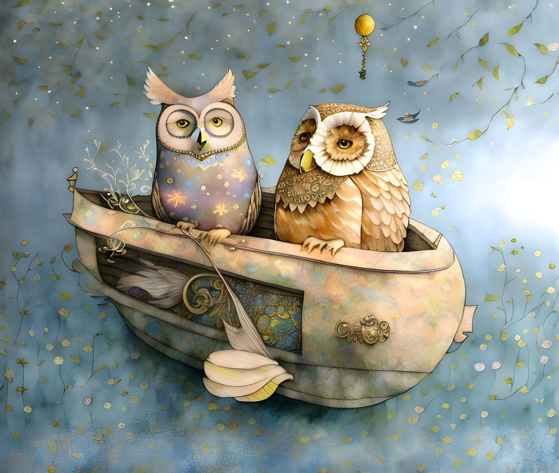 Illustrated owls in ornate boat on blue backdrop with petals