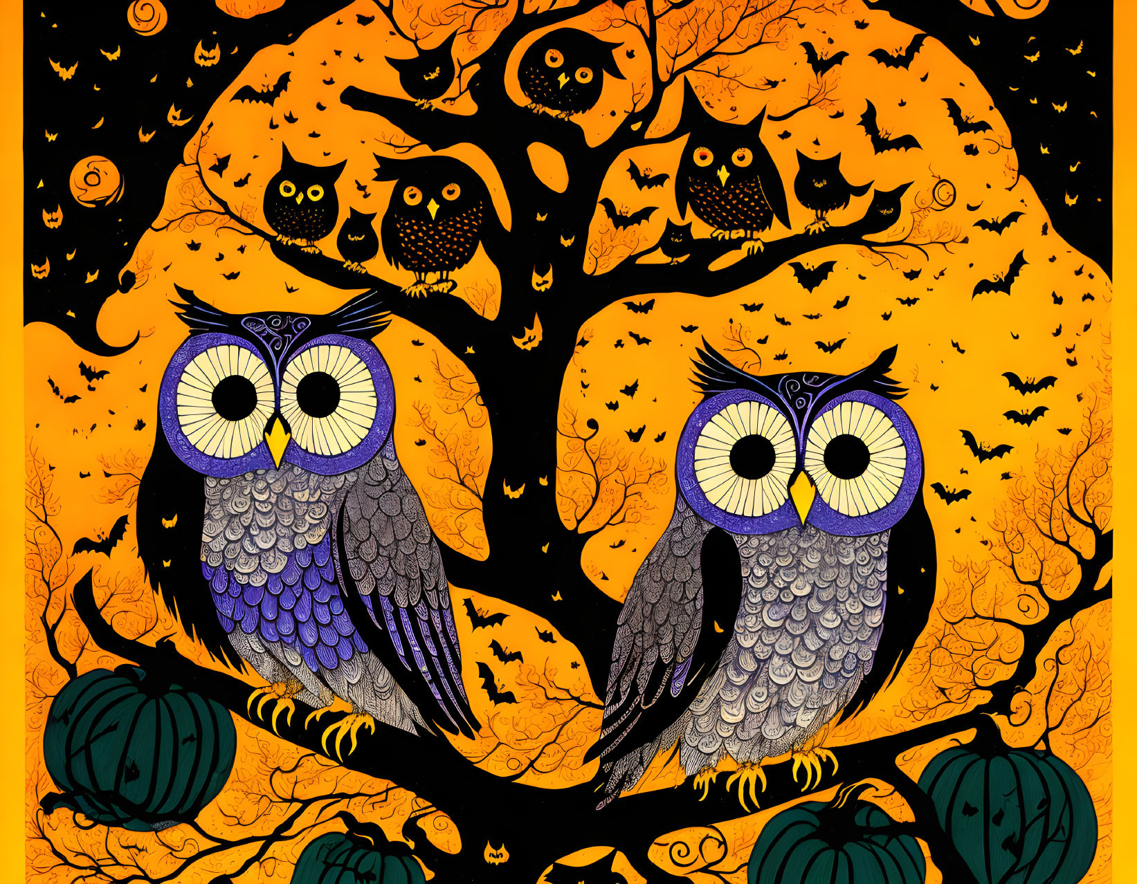 Colorful Halloween Owls on Tree Branch with Pumpkins and Moon