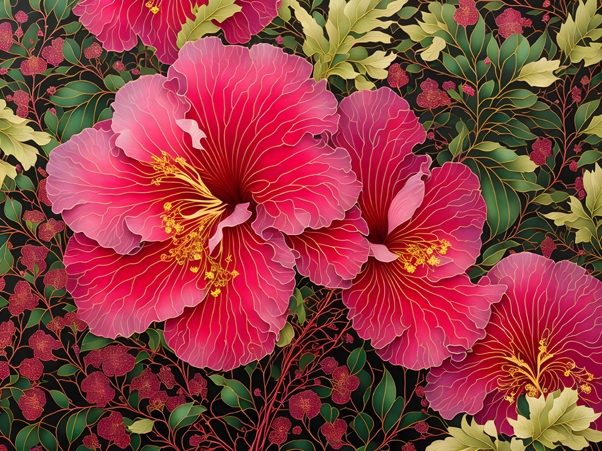 Vibrant Pink Hibiscus Flowers with Yellow Stamens on Dark Background