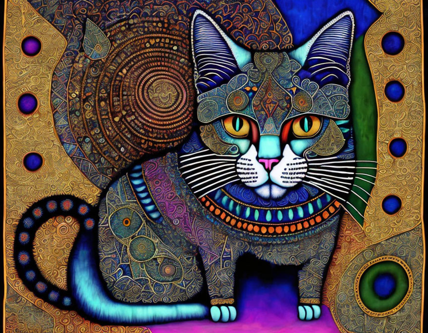 Vibrant, stylized cat in blue, orange, and gold with intricate patterns