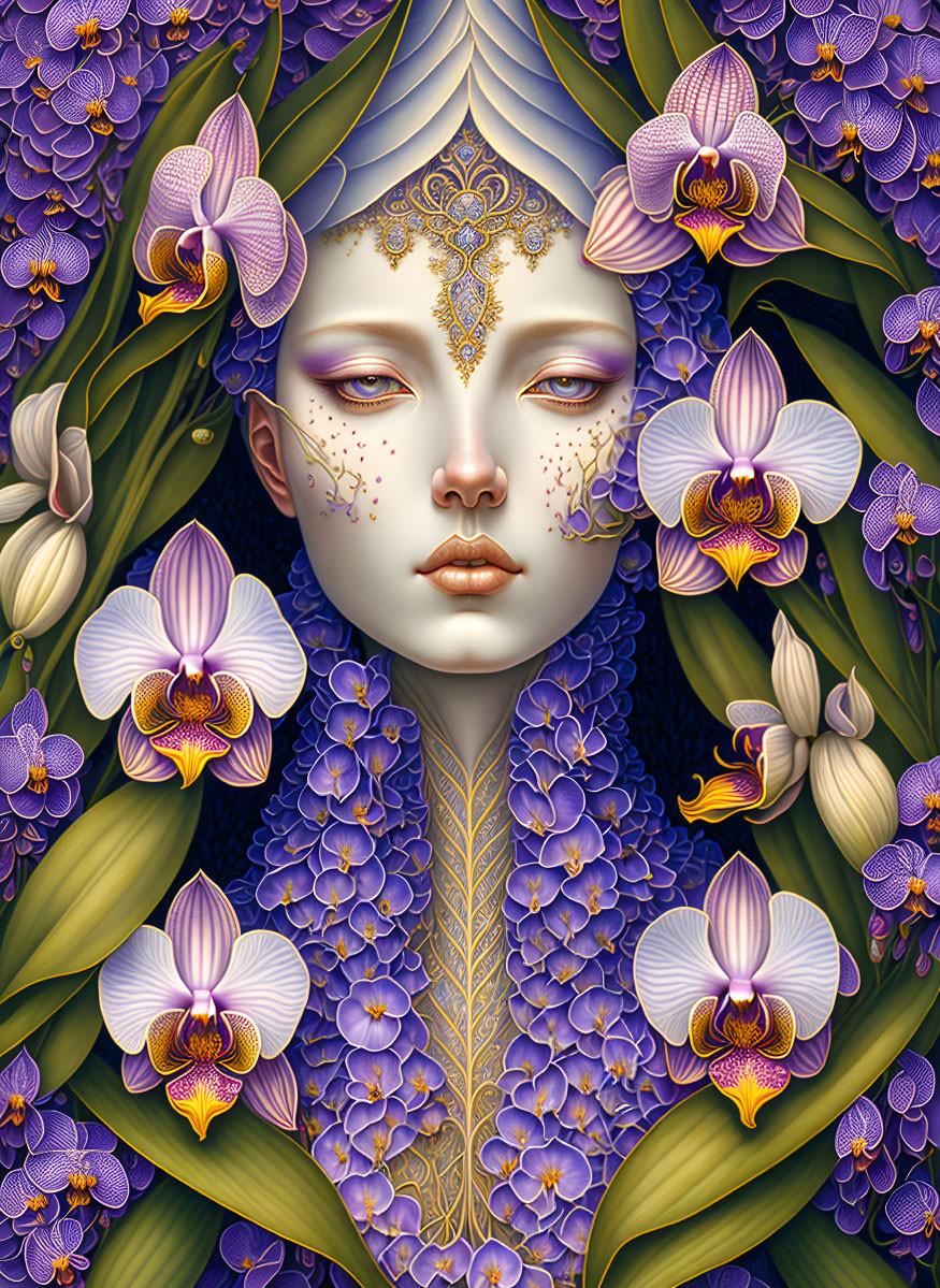 Figure with pale skin amidst purple orchids and gold details.