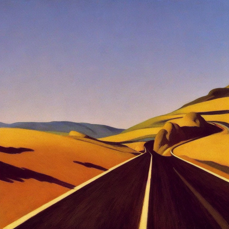 Stylized painting of road through rolling hills in warm desert tones