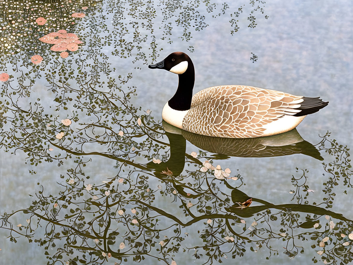 Canadian Goose Gliding Over Reflective Pond with Blossoms and Branches