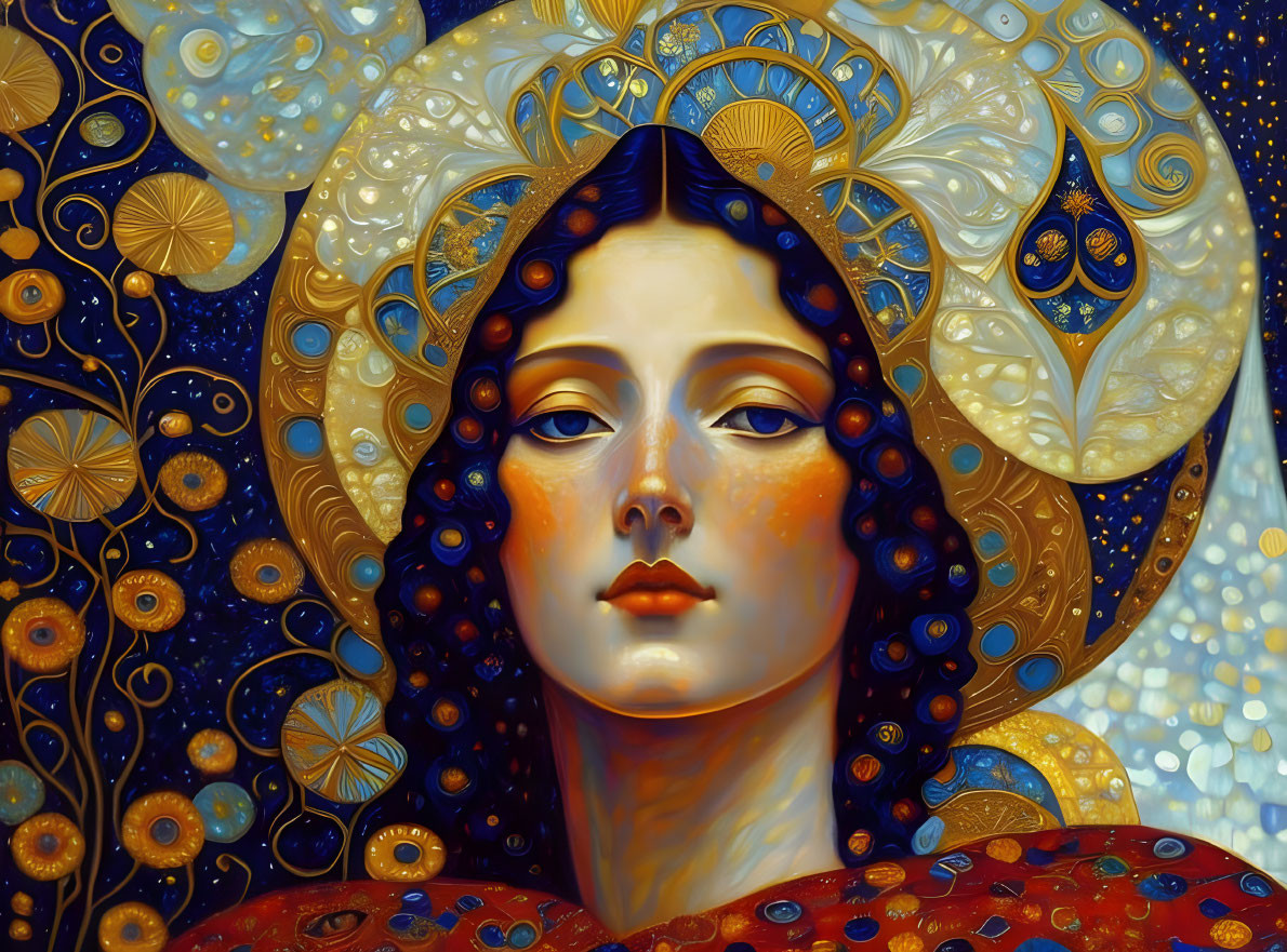 Serene woman portrait with intricate blue and gold patterns