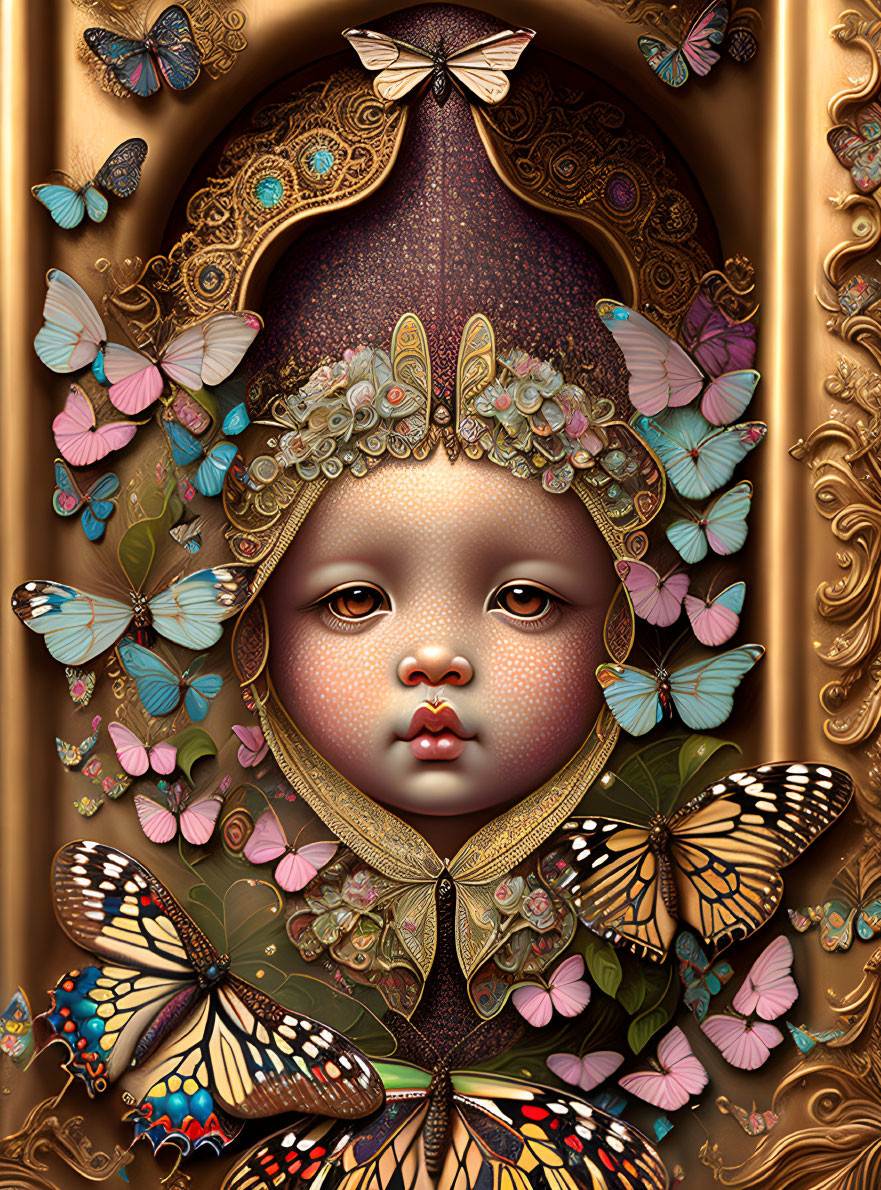 Child portrait with ornate headgear and butterflies on golden background