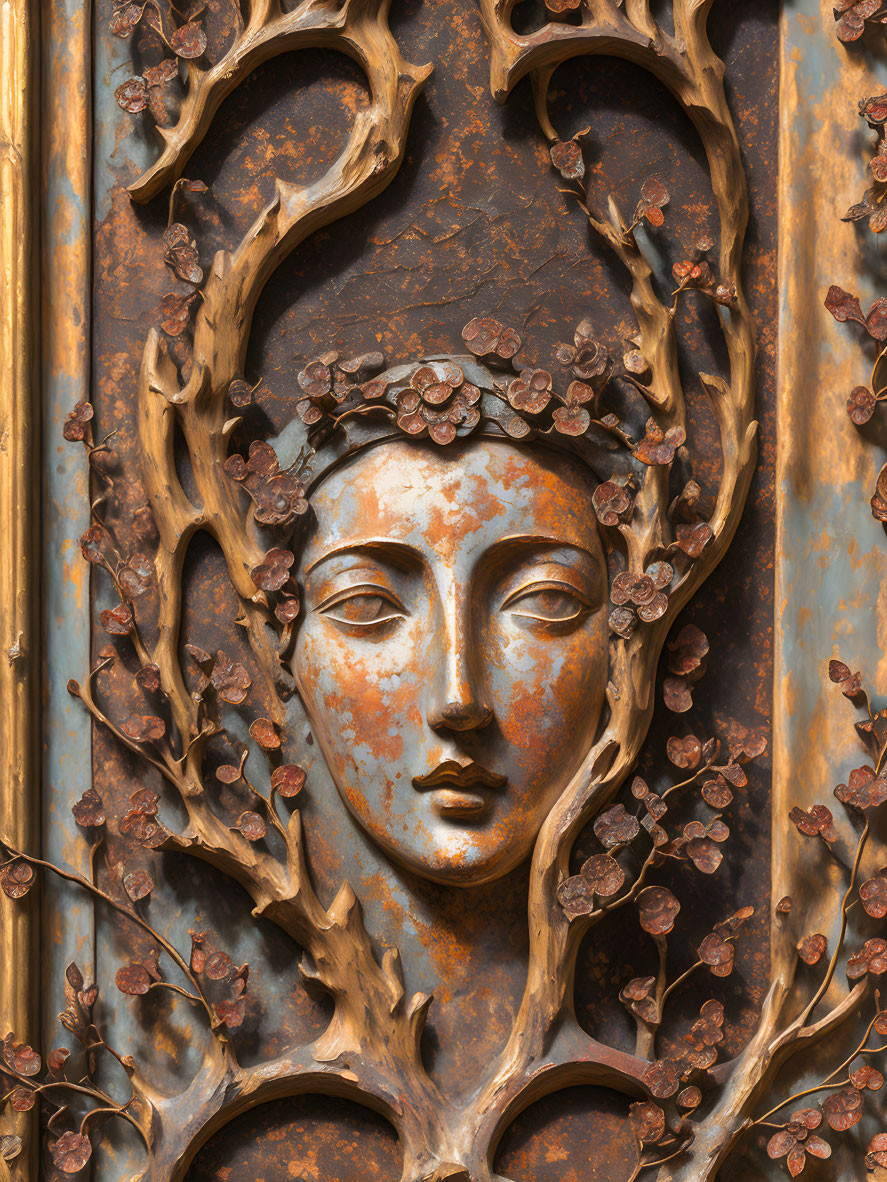 Bronze relief sculpture of serene face with stylized branches and leaves