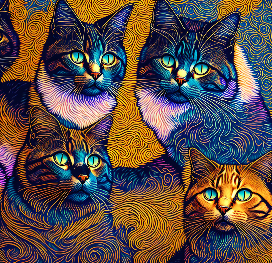 Colorful Psychedelic Cat Illustration on Abstract Background