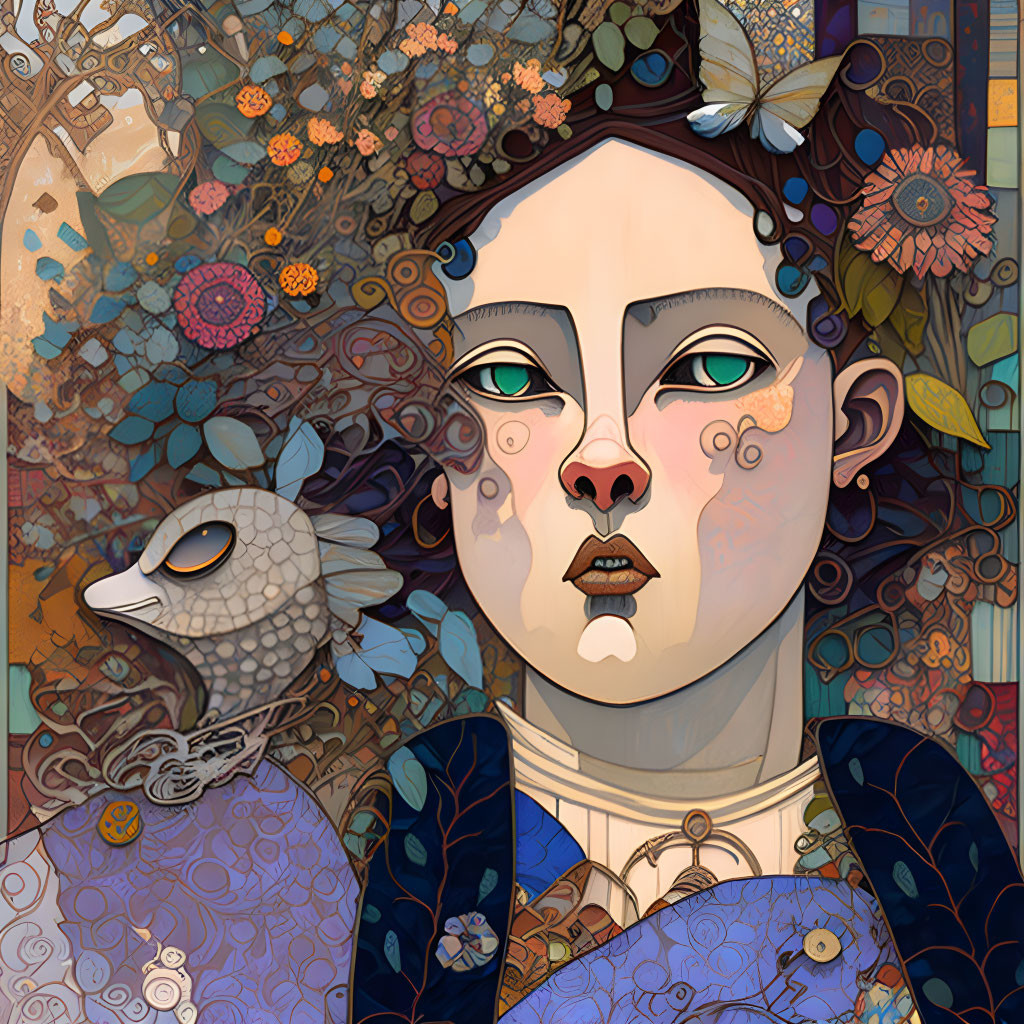 Pale woman with four eyes in floral fantasy illustration