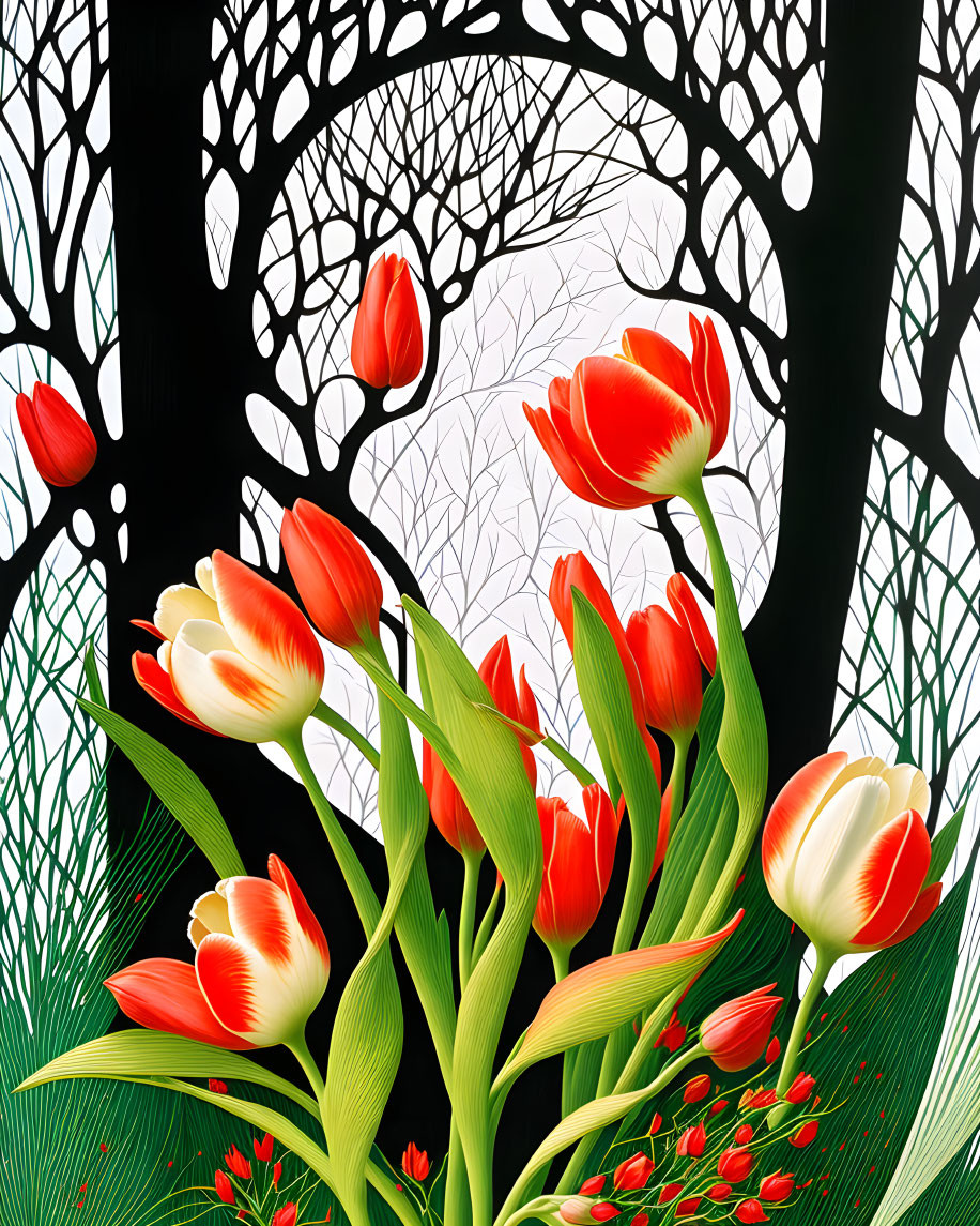 Colorful tulips and tree branches on black background.