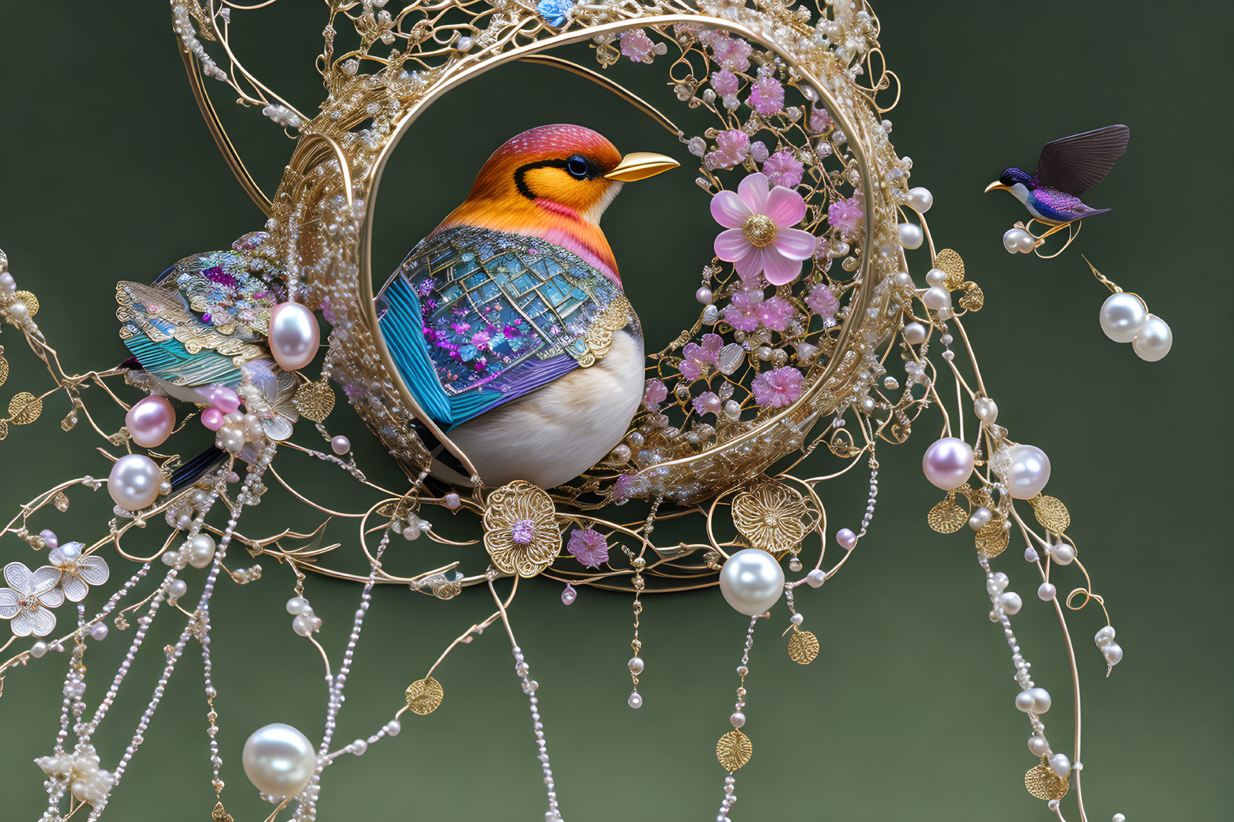 Vibrant bird with detailed wings perched on ornate floral ring