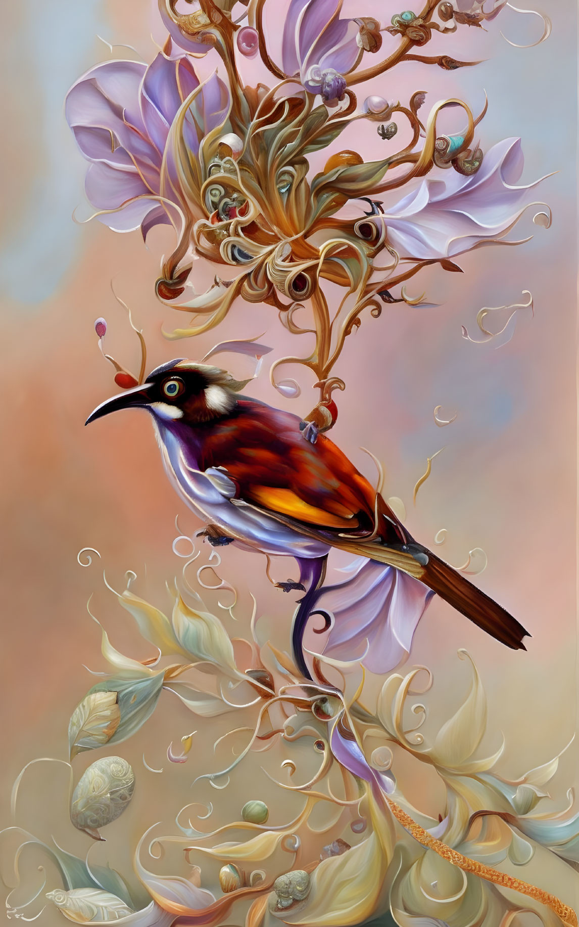 Colorful bird on floral vine with dreamy background