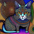 Vibrant, stylized cat in blue, orange, and gold with intricate patterns