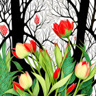 Colorful tulips and tree branches on black background.