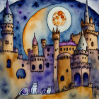 Whimsical castle with stylized cats under moonlit sky