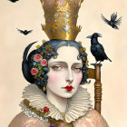 Illustrated woman with dark hair, roses, golden crown, and black birds