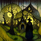 Cloaked figure in front of glowing treehouse in twilight forest