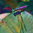 Vibrant Dragonfly Stained Glass Artwork with Water and Lily Pads