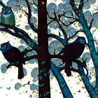 Colorful Illustration of Ornate Owls on Patterned Trees with Butterflies