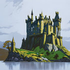 Fantastical castle with multiple spires against rolling hills and red moon