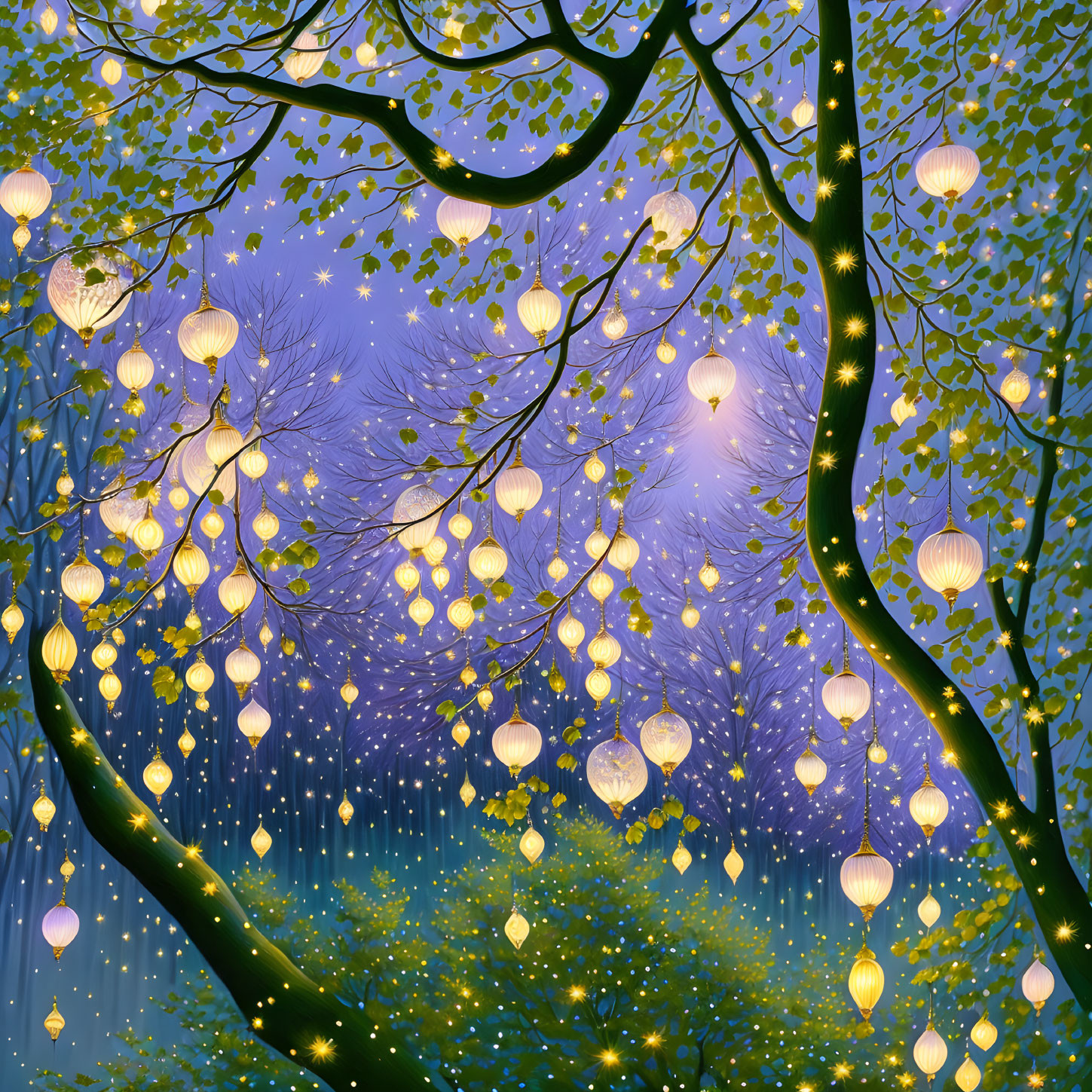 Illustration of Glowing Lanterns on Tree Branches in Starry Night