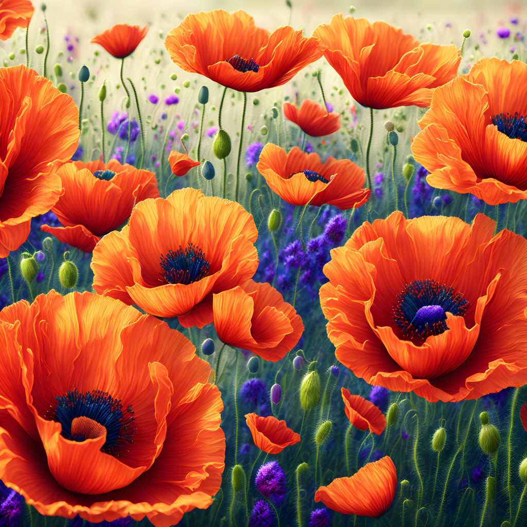 Bright Orange Poppies with Dark Centers on Green Stems and Purple Flowers