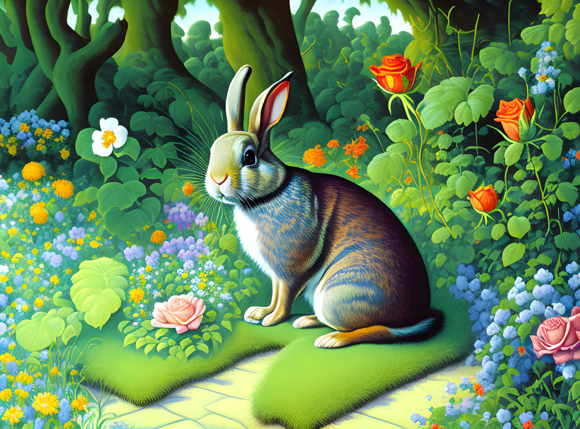 Vibrant forest scene with colorful rabbit among lush greenery