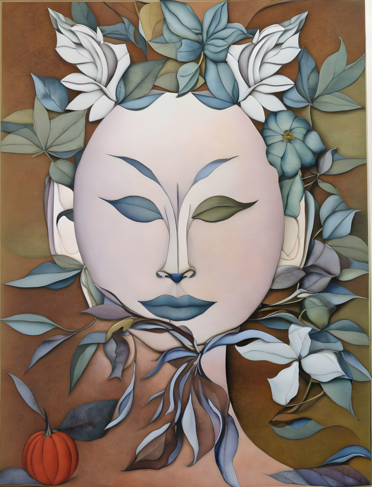 Serene face with closed eyes, surrounded by stylized leaves and flowers in earthy tones