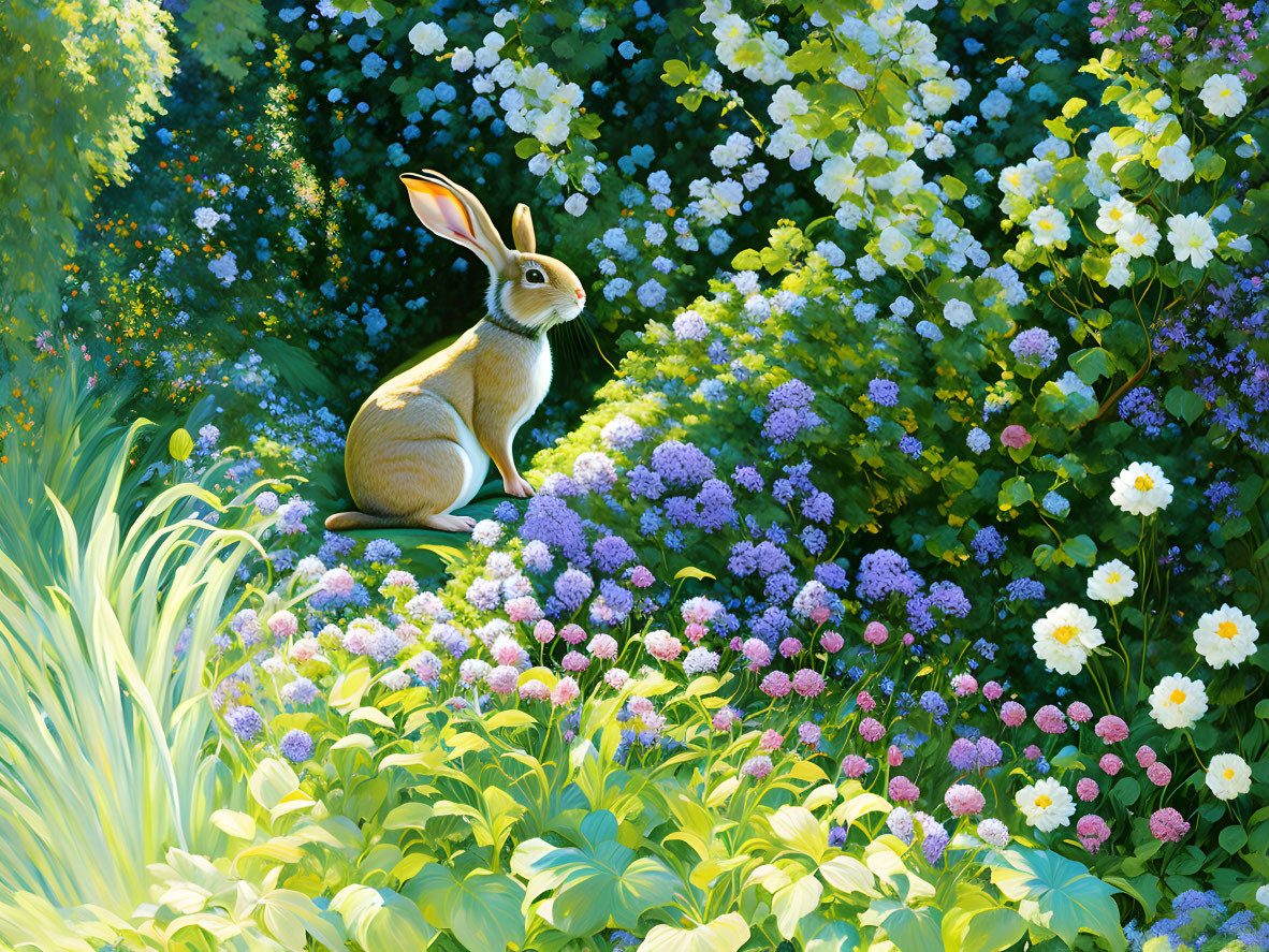 Rabbit surrounded by colorful flowers and greenery in soft sunlight