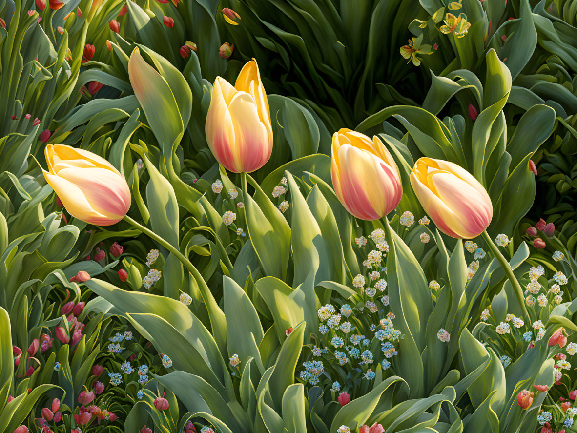 Colorful garden with pinkish-yellow tulips and white & red flowers