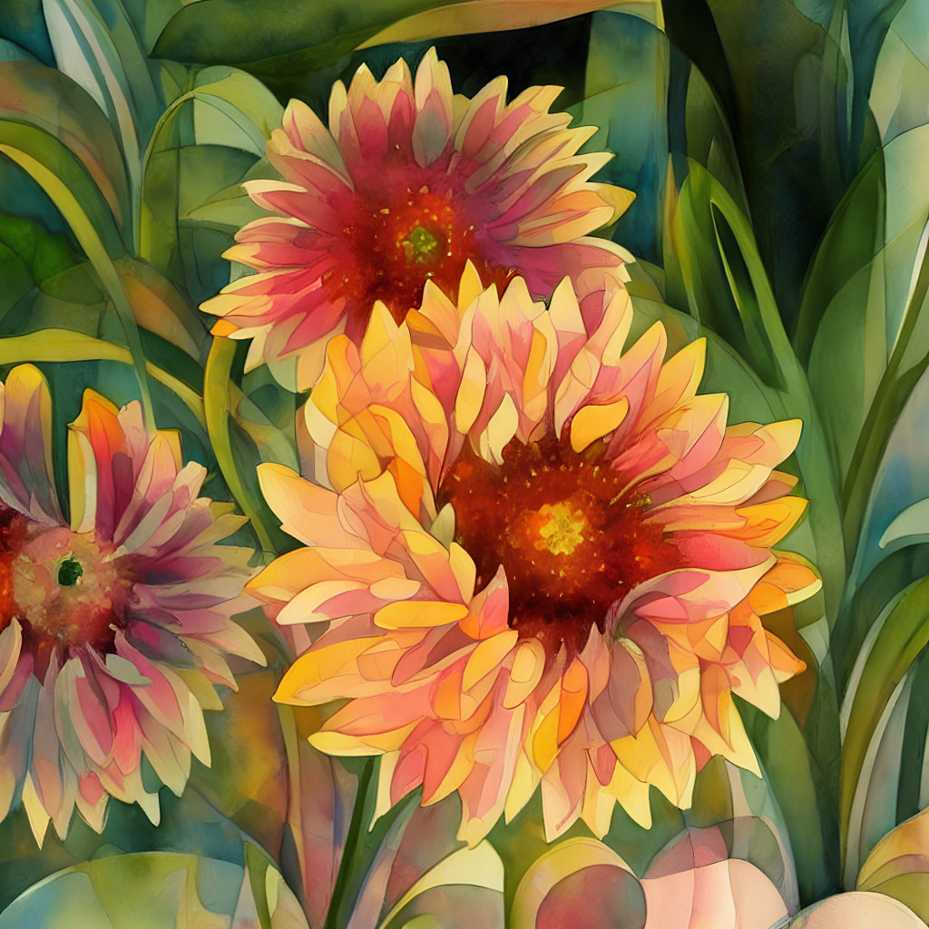 Vibrant Watercolor Illustration of Pink and Yellow Gerbera Daisies