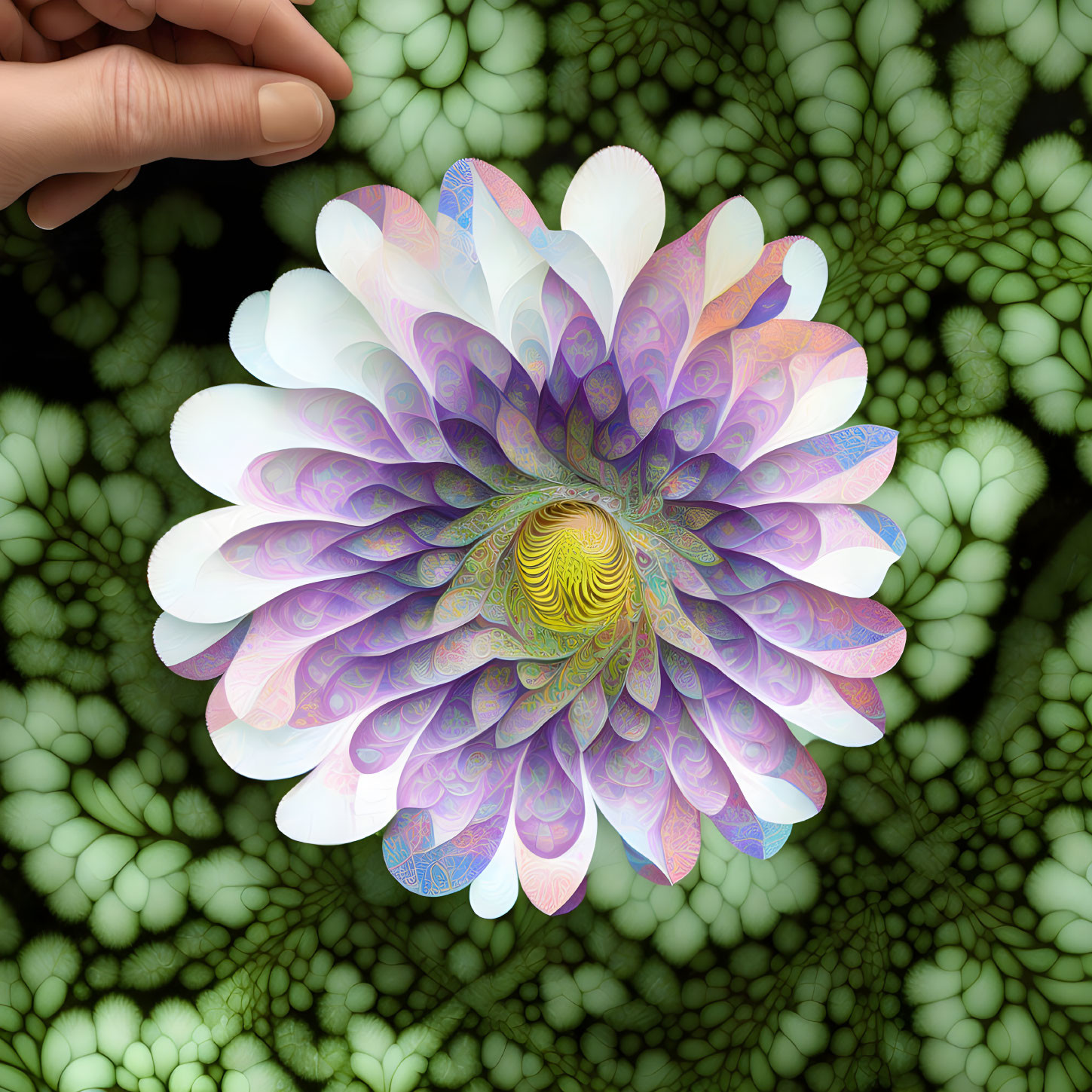 Intricate fractal flower held by hand on dark green background