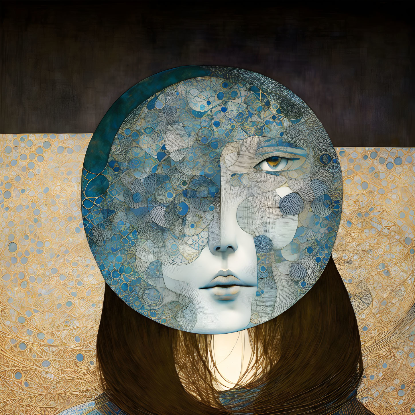 Layered circular pattern abstract portrait with human features.