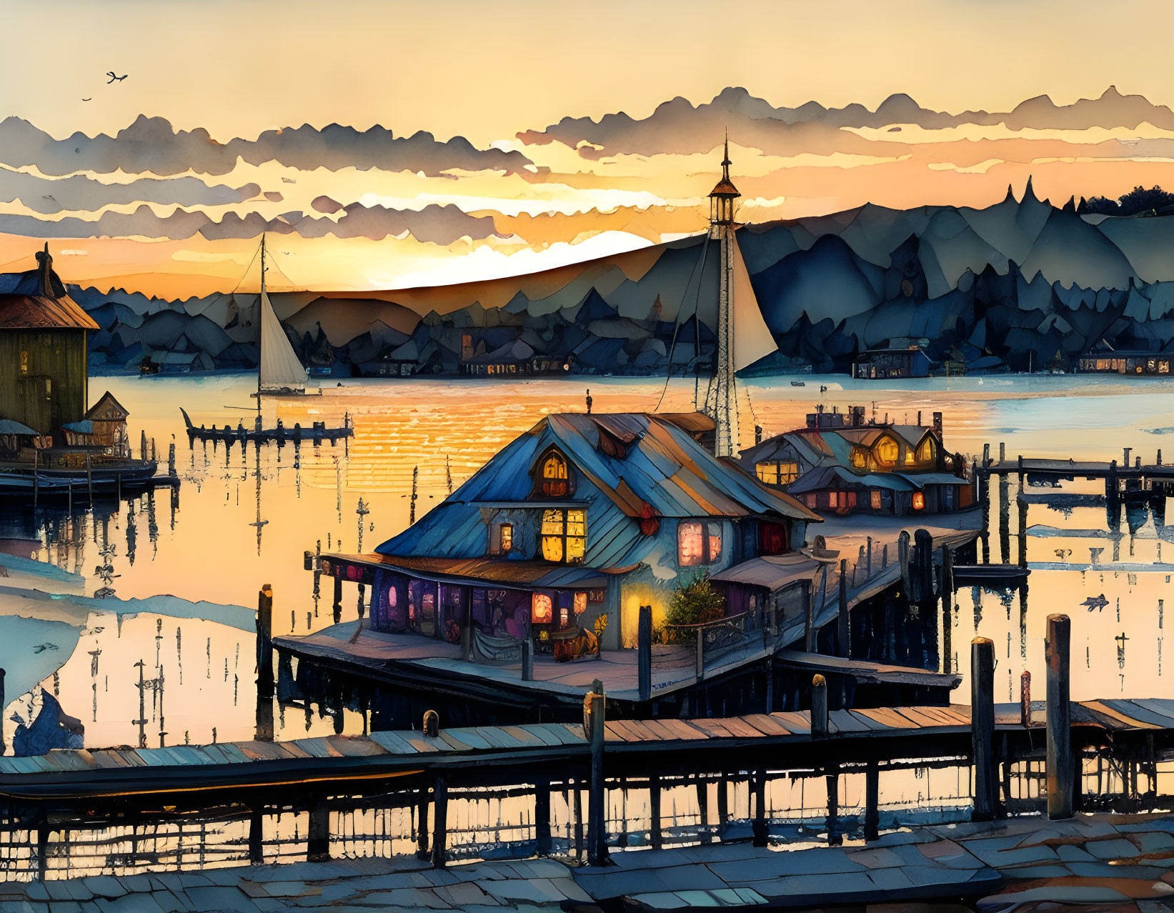 Tranquil lakeside town at sunset with mountains, boats, and cozy house