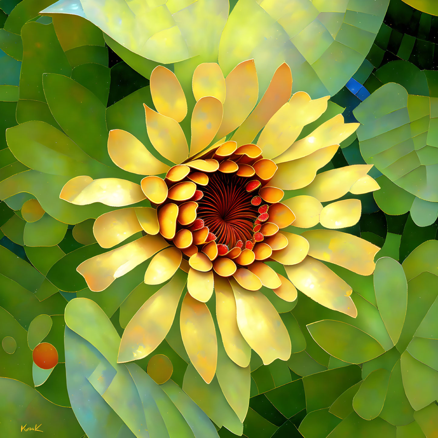 Stylized yellow flower with spiral pattern on green background