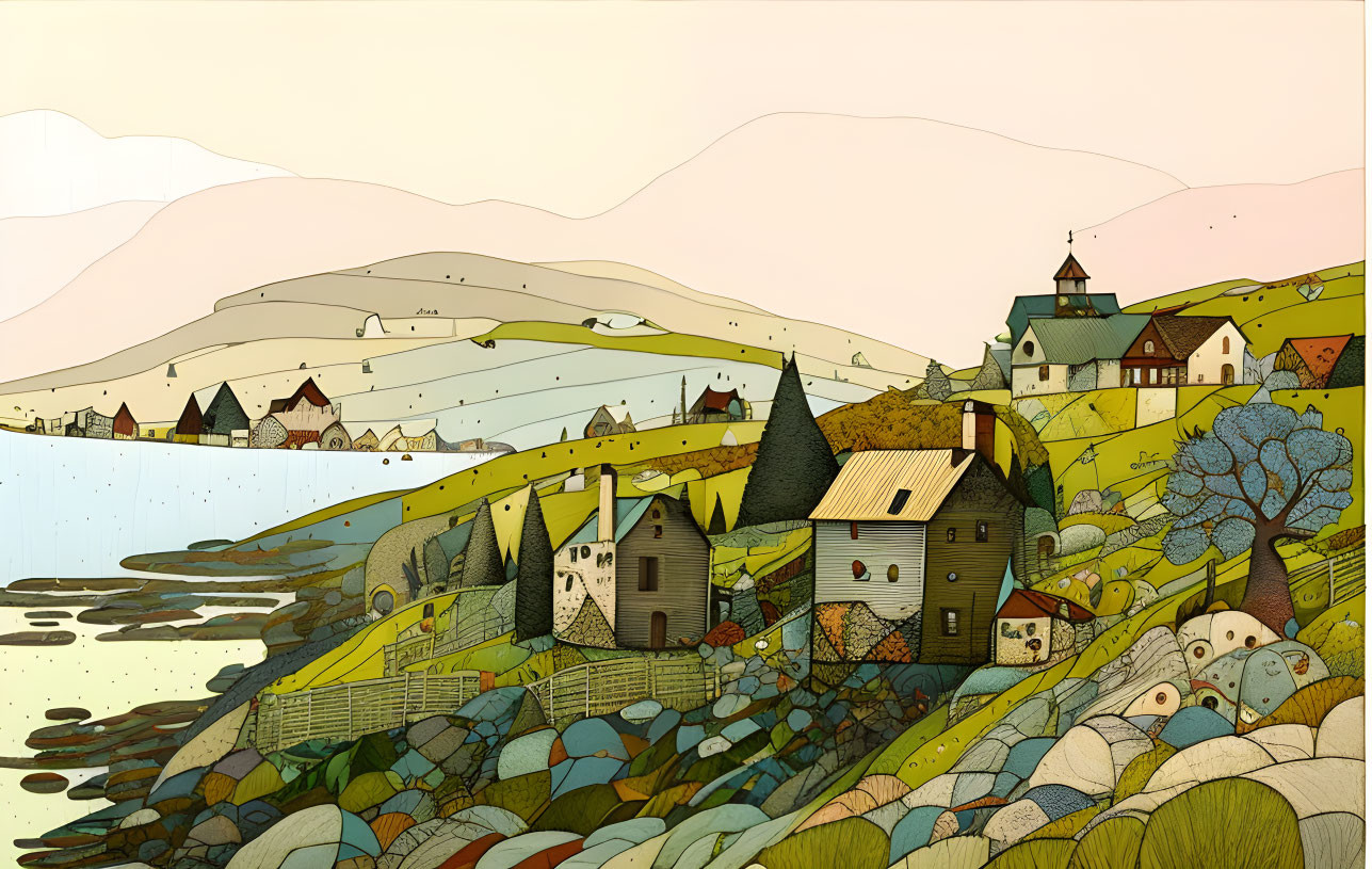 Countryside Scene with Stylized Houses and Unique Trees