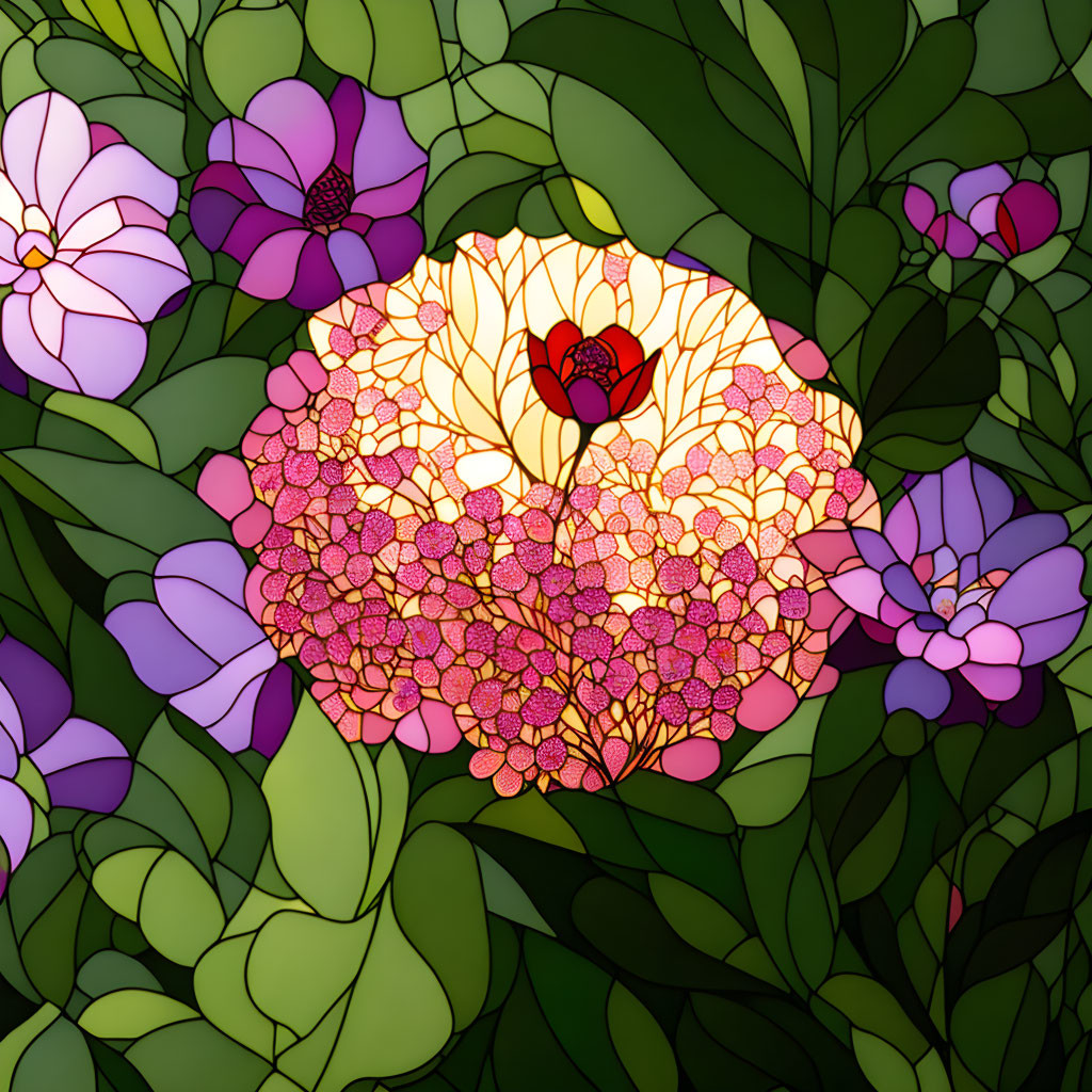 Vibrant Purple Flowers and Green Foliage in Stained Glass Style