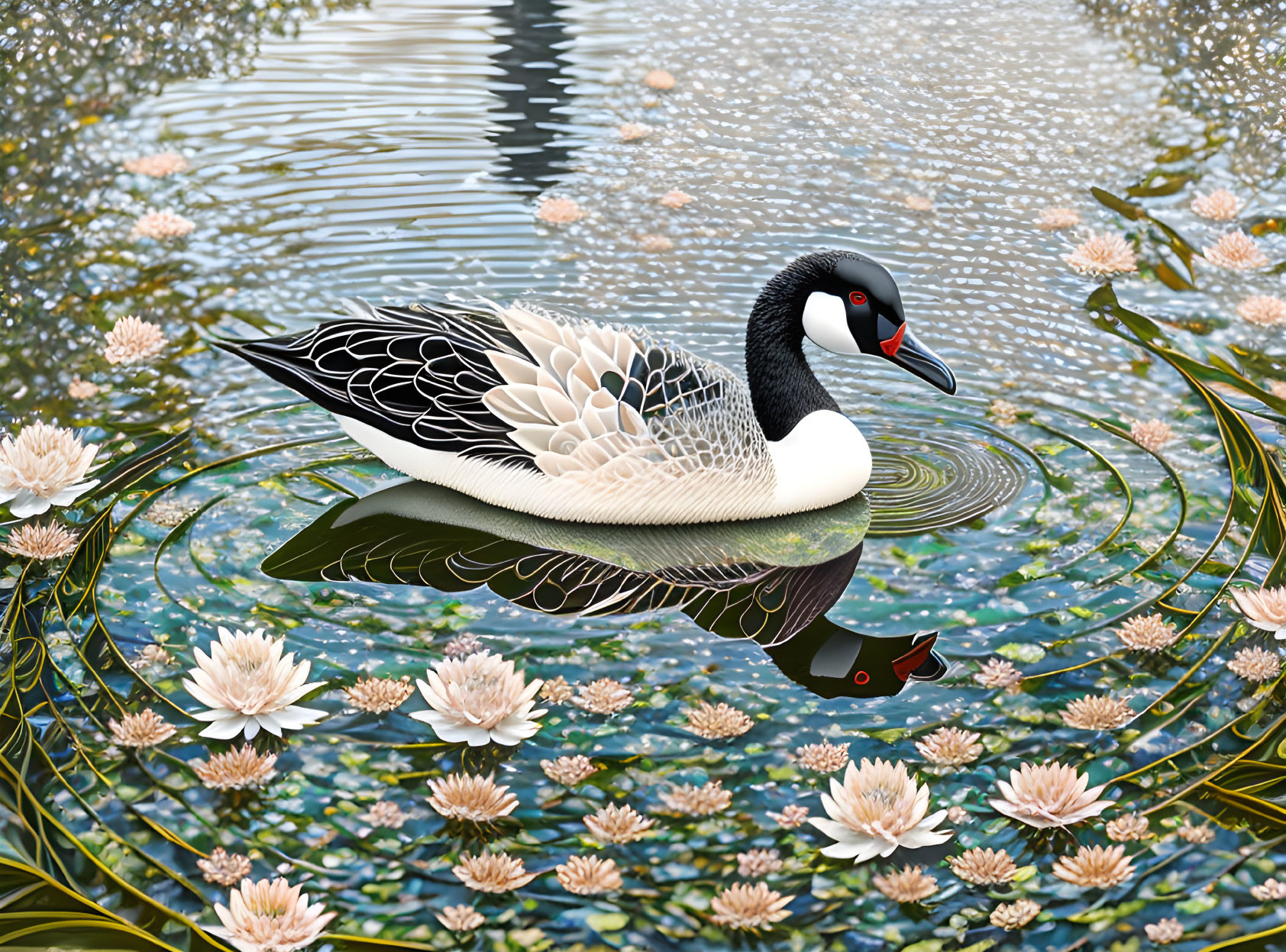 Elegant swan with black head on pond with water lilies